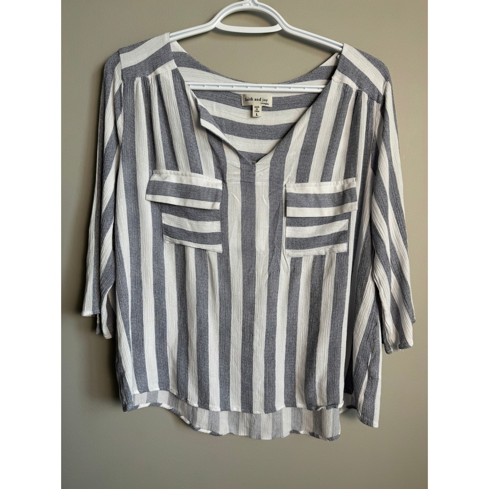 Faith and Joy Striped V-Neck Roll-Tab Sleeve Top L Coastal Nautical Boho Beachy